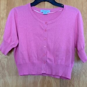 Liz Claiborne Y2K 100% Cotton Pink Short Sleeve Cropped Cardigan size 14P
